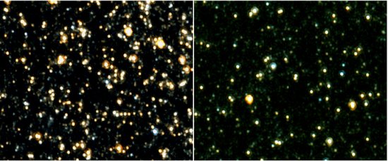 Estrellas de la galaxia M32 (izquierda) y M31 (derecha) analizadas en el estudio. Telescopio espacial Hubble. Antonela Monachesi.